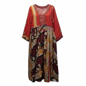 Kantha Maxi Dress, Black, Red, Gold, Size XL, Boutique, Bohemian, Kantha Fabric